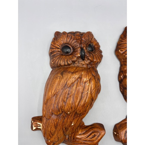 Vtg 70s Owl Wall Hangings Pair Chalkware Boho Decor Retro - Picture 2 of 7